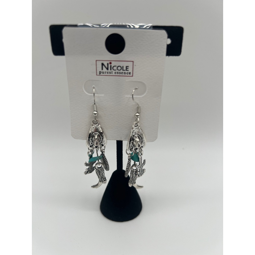 Nicole Purest Essence Silver Tone Western Cowboy Hat Boot Cactus Charm Earrings